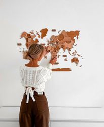 traveler gift for women, wood world map with pins, large wall decor by enjoy the wood