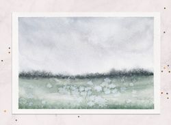 misty field painting cloudy sky painting summer landscape painting postcard original watercolor painting 5x7