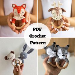 5 crochet animals: fox, bunny, deer, wolf and teddy bear | pattern bundle only