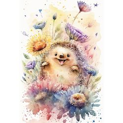 happy hedgehog watercolor painting, print to download