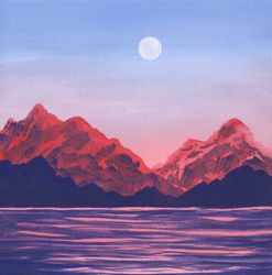 grand teton national park painting moon original art 8" by 8" mountains painting lake artwork by spaceoleandrart