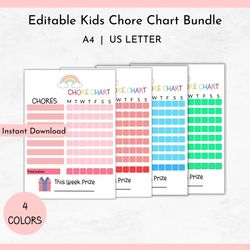 editable weekly kids chore chart, responsibility chart, reward chart, printable pdf, kids to do list, behavior chart.