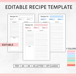 editable recipe template, recipe sheet, gift for her, recipe card, recipe binder, recipe book template, happy planner.