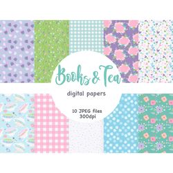 books tea digital paper | spring seamless patterns set