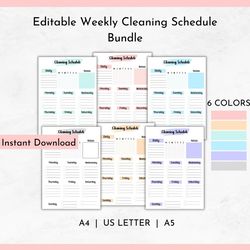 editable weekly cleaning schedule bundle, digital cleaning schedule, to do list, cleaning checklist, printable pdf,