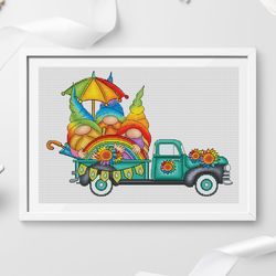 rainbow gnome truck cross stitch pattern pdf, gnome cross stitch, rainbow gnomes, truck cross stitch, cute cross stitch