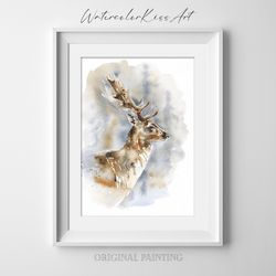 original watercolor painting, wall art - forest deer, 7x10 inch