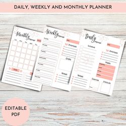 editable daily planner, weekly planner, monthly planner, goal planner, printable planner, a4, letter size.