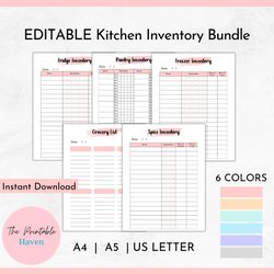 editable kitchen inventory, pantry inventory, freezer inventory, fridge inventory, spice inventory, grocery list.