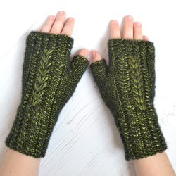 fingerless gloves for woman, sparkle green fingerless mittens, knit hand warmers