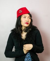 red forage cap, stewardess cap, red pillbox hat,red winter hat,red felt hat,