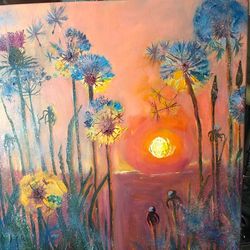 dandelions at sunset oil painting flowers