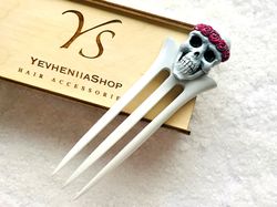 carved wooden hair fork with skull, halloween hair clip, wood hair stick, bun holder for long hair, hair accessories