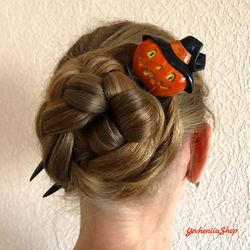 carved wooden hair fork with pumpkin, halloween hair clip, wood hair stick, bun holder for long hair, hair accessories