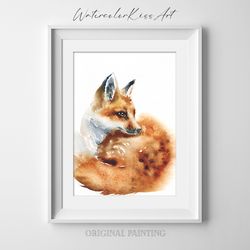 original watercolor painting, wall art - little fox, 7x10 inch