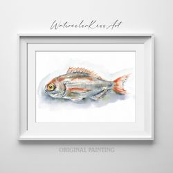 original watercolor painting, wall art - fish, 7x10 inch