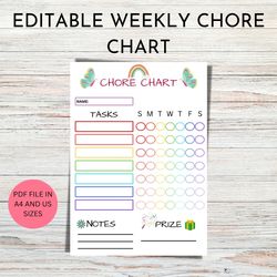 editable kids chore chart | weekly chore chart | responsibility chart | printable chore chart | reward chart.