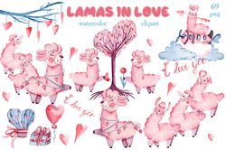 cute llama in love watercolor llama alpaca clipart graphic design bundle