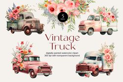 05 files of vintage floral truck clipart happy valentines day watercolor bundle