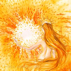 sun goddess painting sun goddess art sun god artwork solar goddess watercolor fantasy handmade. made to order