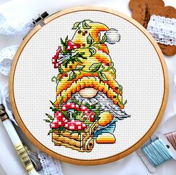 autumn gnome cross stitch  pattern, fall cross stitch, mushrooms cross stitch, small cross stitch, digital pdf