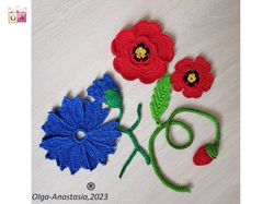 bouquet of poppy and cornflower crochet pattern , crochet motif , crochet flower pattern , crochet decor .