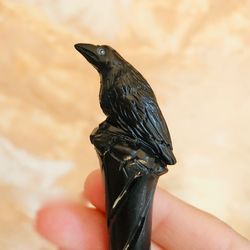 carved wooden hair stick with black crow, hair clip, hair pin, raven wood hair chopsticks, gothic hair stick bird