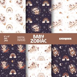 Baby Zodiac Sign Digital Paper, Zodiac Seamless Pattern