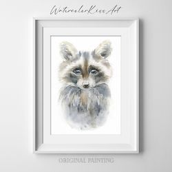 original watercolor painting, wall art - little raccoon, 7x10 inch