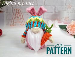 crochet pattern easter bunny gnome with carrot, crochet gnome amigurumi pattern, crochet easter gnome pattern