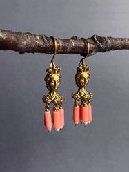 handmade earrings with coral and pearls, art nouveau earrings, ancient style earrings