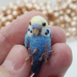 tiny needle felted blue budgie, miniature budgie