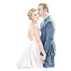 custom wedding portrait painting from a photo, wedding illustration, bride and groom portrait, digital scan of painting