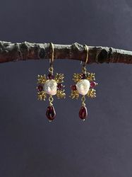 handmade bohemian earrings with natural pearls and garnets. garnet earrings. long dangle earrings.