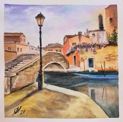 cityscape original painting watercolor venice artwork river channel art home decor