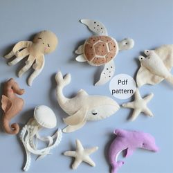 pdf pattern sea creatures sewing by hand,felt animal, felt toy, handmade gift, diy craft project, marine stuffed animal