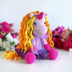 crochet animal. unicorn toy purple, yellow, pink