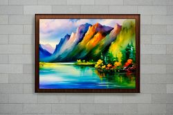 landscape oil painting art - mountains and lake