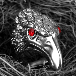 raven ring. raven with red eyes. stainless steel bird ring. hawk ring. viking raven ring. men's eagle ring. bird ring