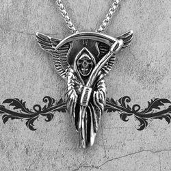 grim reaper necklace - silver winged grim reaper pendant - stainless steel scythe necklace - santa muerte necklace