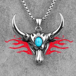 bull head necklace, silver bull pendant, men bull necklace, taurus zodiac pendant, fashion man pendant, longhorn bull