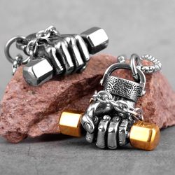 dumbbell necklace, muscle body build pendant, hand dumbbell charm, stainless steel gym jewellery, fitness pendant