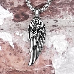 angel wings necklace - stainless steel pendant - guardian angel necklace - rose neckalce - religious necklace - jewelry