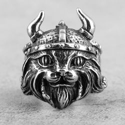 viking hat cat ring. stainless steel signet