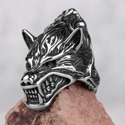 angry wolf ring. stainless steel signet. fenrir ring. father's day gift. viking ring. biker ring. men's signet ring. wer