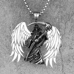 grim reaper stainless steel necklace pendant skeleton with reaper charm angel of death pendant for men women biker neck