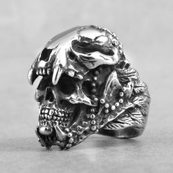 aztec ring. maya warrior ring. jaguar. biker ring. stainless steel signet. viking ring. indian skull ring. men's jewelry