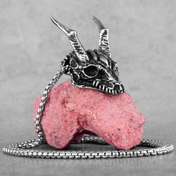 silver dragon necklace, dragon pendant, stainless steel dragon skull necklace, evil, viking, norse, gothic, punk, mens