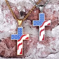 american flag necklace - american cross necklace - independence day - stainless steel cross - 4th of july - holiday