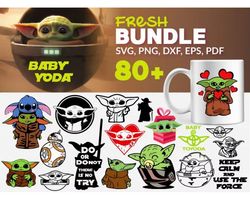 80 baby yoda svg bundle - svg, png, dxf, eps, pdf files for print and cricut